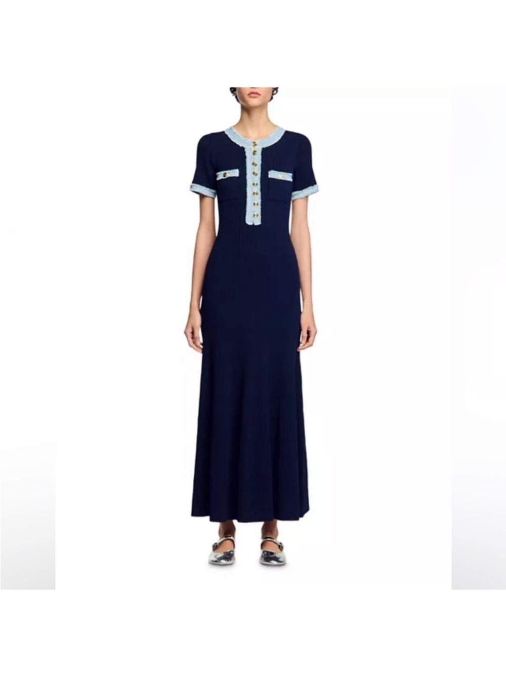 Sandro Alecia Ribbed Denim Midi Dress